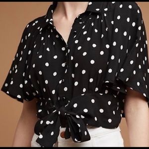 Anthropologie Maeve Black Polka Dot Tie Front Blouse Womens Size 8 Medium